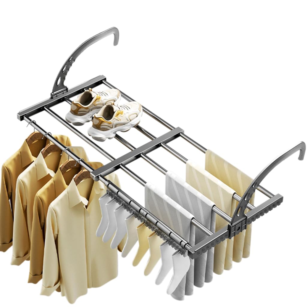 HASTHIP® Retractable Cloth Drying Stand - Versatile Carbon Steel Laundry Hanger, Adjustable 38-55cm, Clothes Towels Drying Rack Shoe Rack Hanging on The Door Bathroom Windowsill Guardrail Balcony