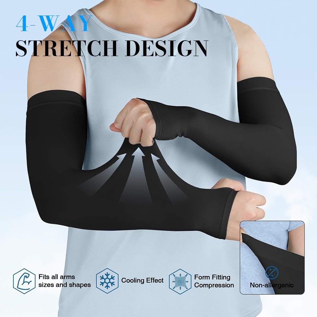 Zibuyu Arm Sleeves for Running and Outdoor Sports with Thumb Hole | 2 Pairs UV Protection Black