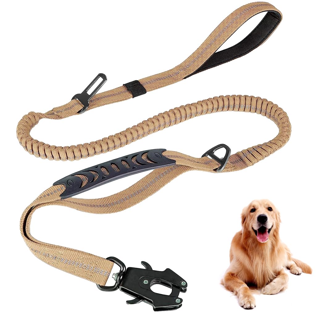 Qpets® Tactical Dog Belt Seat Belt, Adjustable Dog Leash with Car Seat Belt Buckle, Safety Dog Seatbelts with 2 Control Handles, Elastic Dog Harness for Medium Large Dog, Reflective(Brown)