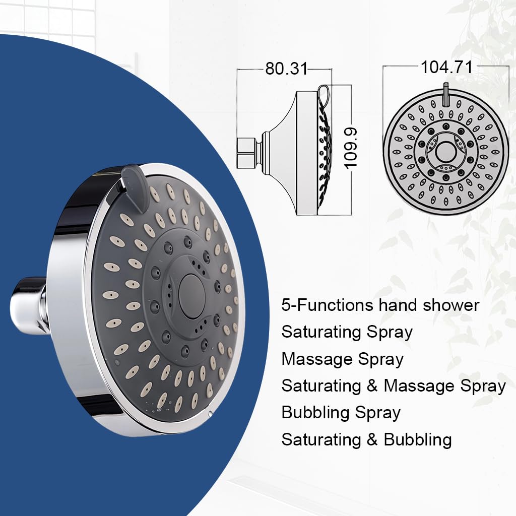 HASTHIP Round Shower Head with 5 Spray Modes and 360 Degree Flexibility | 4 in ABS Flush-Mount Design