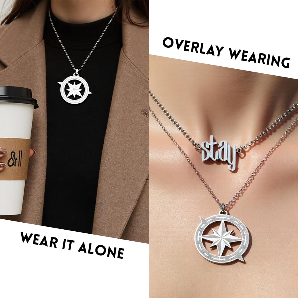 SANNIDHI Stray Kids Necklace Set for Fans with Stay and Compass Pendants | Silver Jewelry