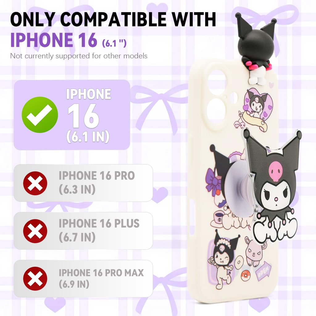ZORBES iPhone 16 Case with 3D Kawaii Cartoon Design featuring Silicone Ring Wristlet for Girls