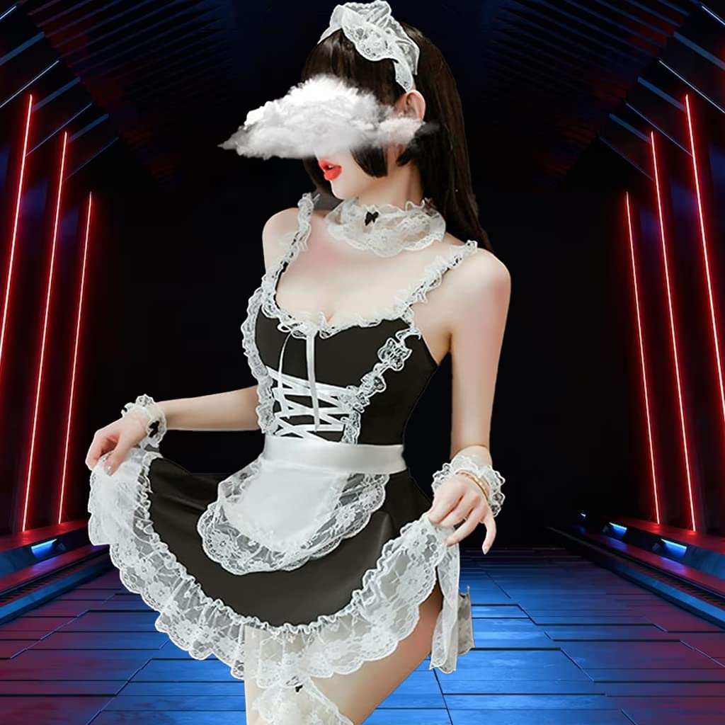 ZIBUYU Maid Dress Cosplay Costume Maid Dress Costume For Party Halloween Lace Apron Maid Dress Set With Lace Choker Lace Wristband Hairband|Black