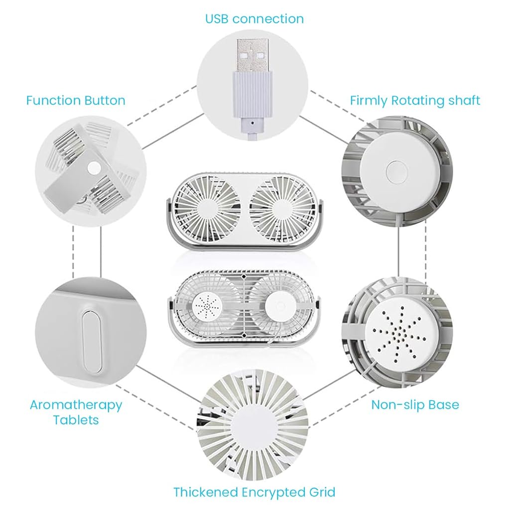 Verilux® Small Table Fan, USB Mini Desktop Fan, Dual Fan Desktop Fan with 3 Speeds, Quiet Aromatherapy Table Desk Fan with Stand, Portable Cooling Fan for Home Office Outdoor Travel (White)