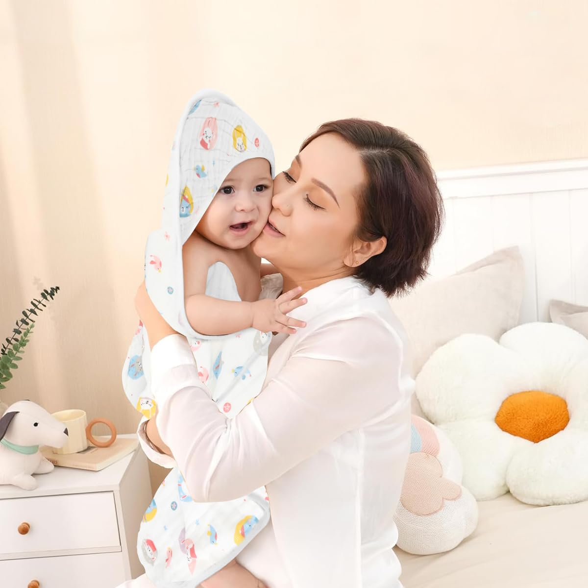 SNOWIE SOFT Muslin Towel for Newborn Bath Time with Adorable Cartoon Design 90x90cm | Ultra Soft Cotton Swaddle for Boys and Girls