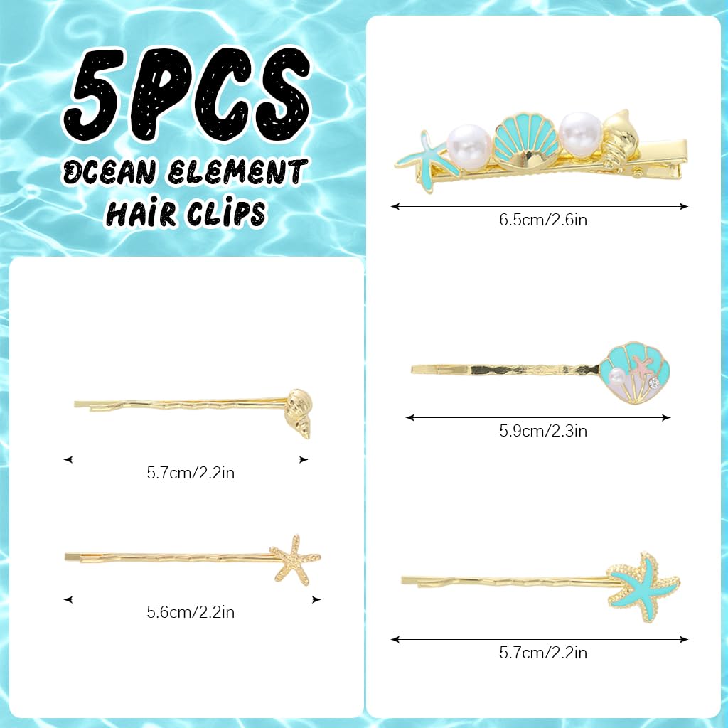 Venzina Hair Clips for Girls and Women featuring Pearl Starfish Seashell Pins in Gold | 5Pcs Set