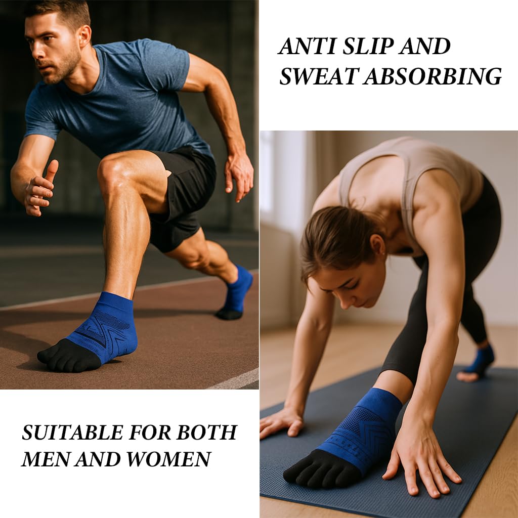 Proberos Five Toe Running Socks for Exercise with Anti Skid Grip Sole and Moisture Wicking Cotton | 3 Pair Blue Ankle Socks for Men