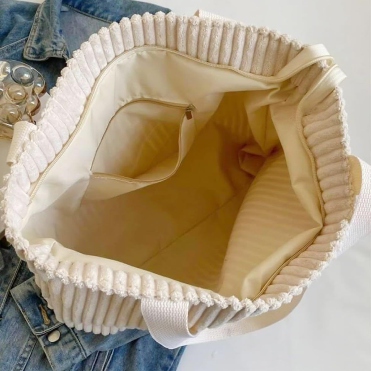 ZIBUYU Corduroy Tote Bag for Women Fashion Beige Casual Shoulder Bag Hand Bag with Zipper Nylon Webbing Shoulder Straps Design Book Bag Grocery Bag Versatile Daily Item Bag, 37x10x34cm