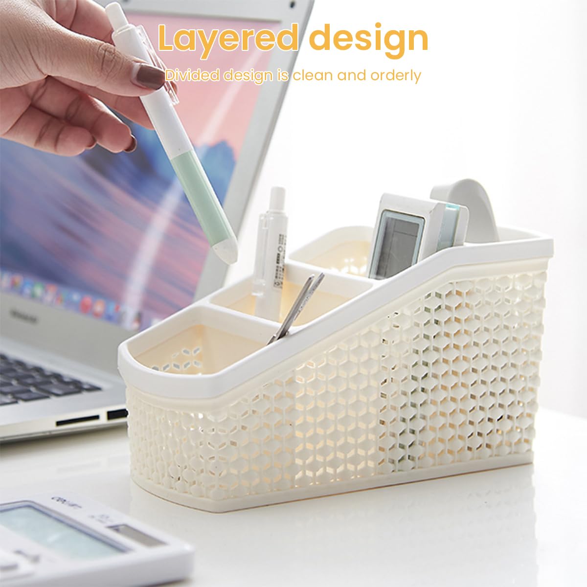 HASTHIP Remote Stand for Home with 4 Compartments and Hollow Woven Design 9.5x21x11cm | Plastic Organizer for Office and Vanity