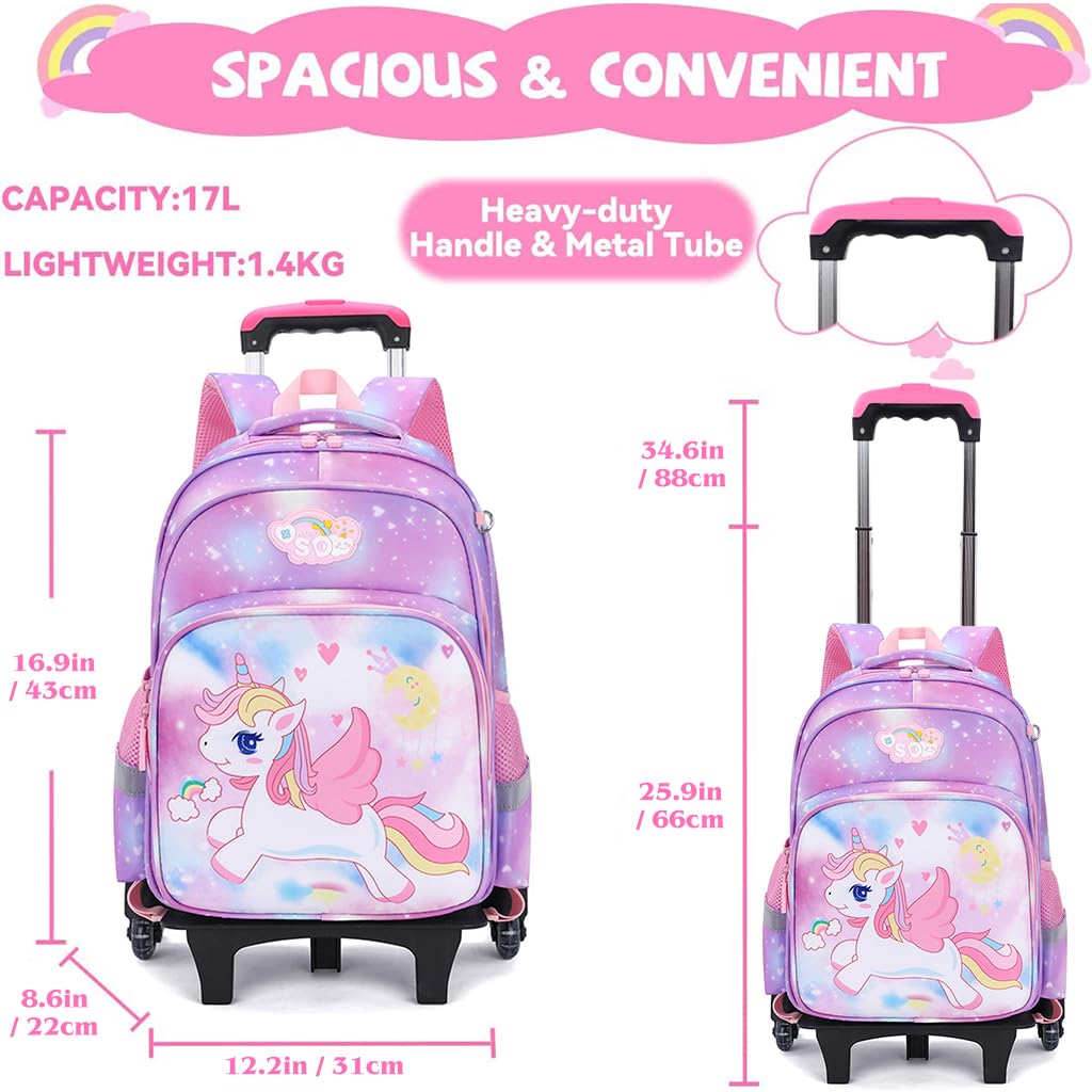 FANCYKU® Unicorn Print School Backpack for Girls Travel Backpack for Girl School Bag on Wheel Detachable Wheel Stand Gift School Bag for Girls