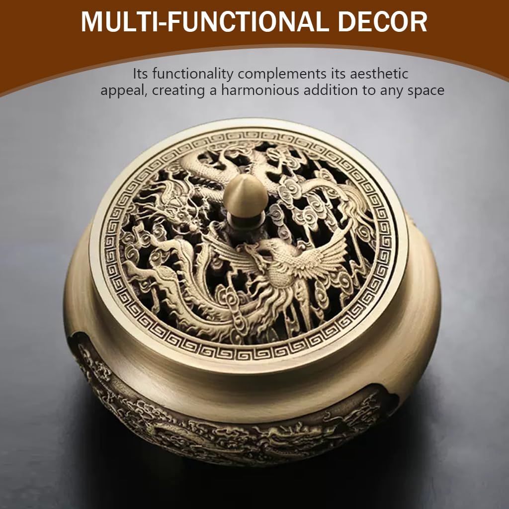 HASTHIP Incense Burner 2.7 in Bronze Alloy with Hollow Lid for Home and Office Décor | Engraved Phoenix Design