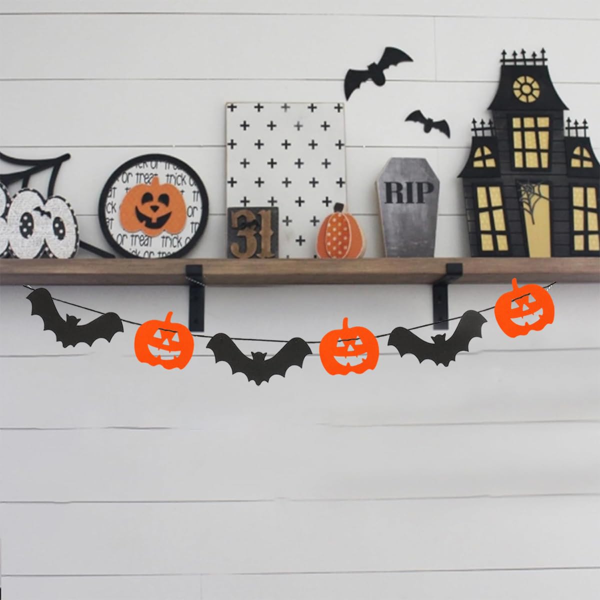 HASTHIP Halloween Decoration for Home and Party with 2PCS Felt Pumpkin & Bat Garlands | Reusable Wall and Window Hanging Decor