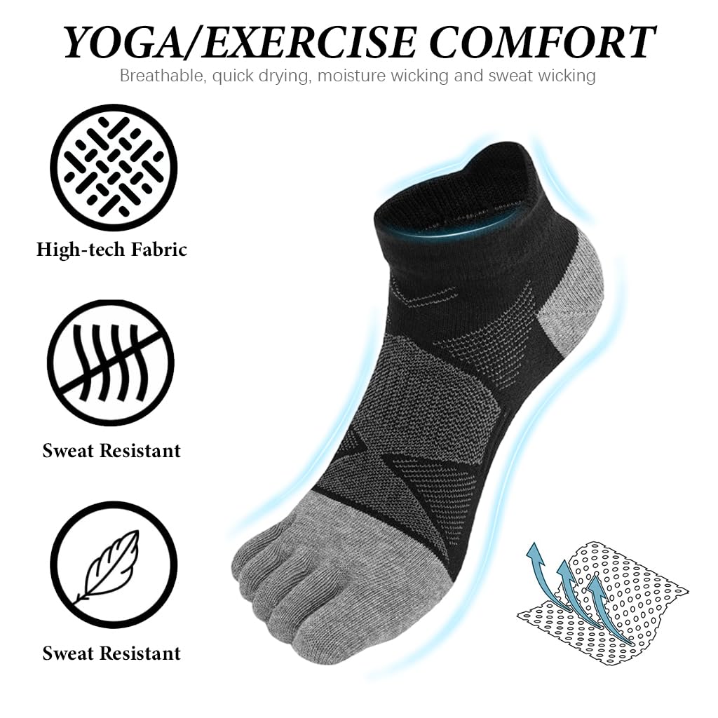 Proberos Mens 5 Toe Yoga Socks for Exercise with Anti Skid Sole and Moisture Wicking Cotton | 3 Pairs Grey
