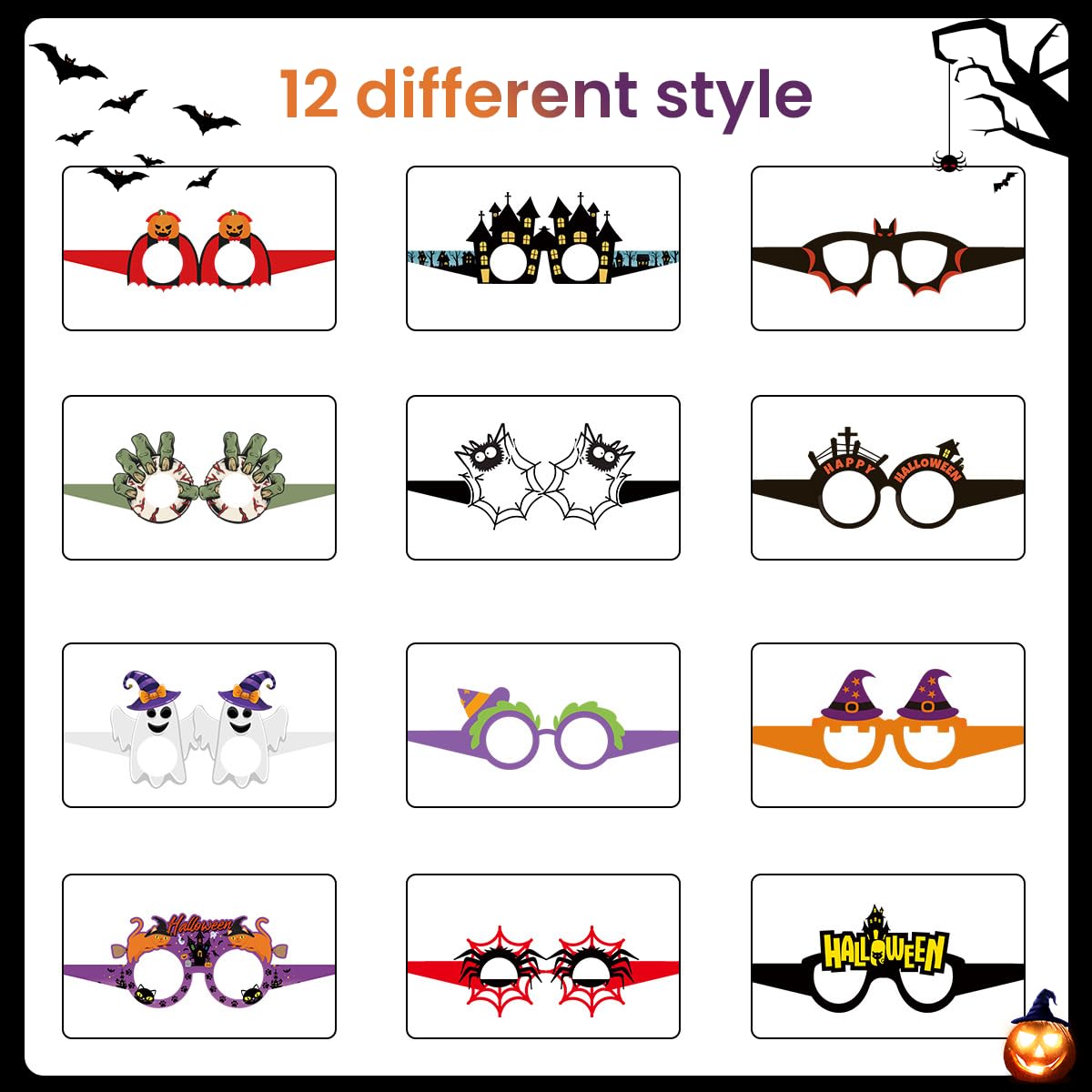 PATPAT Halloween Paper Eyeglasses for Party Dress Up with 12 Designs of Cobwebs Pumpkin and Spider | Fun Card Paper Glasses for Kids and Adults