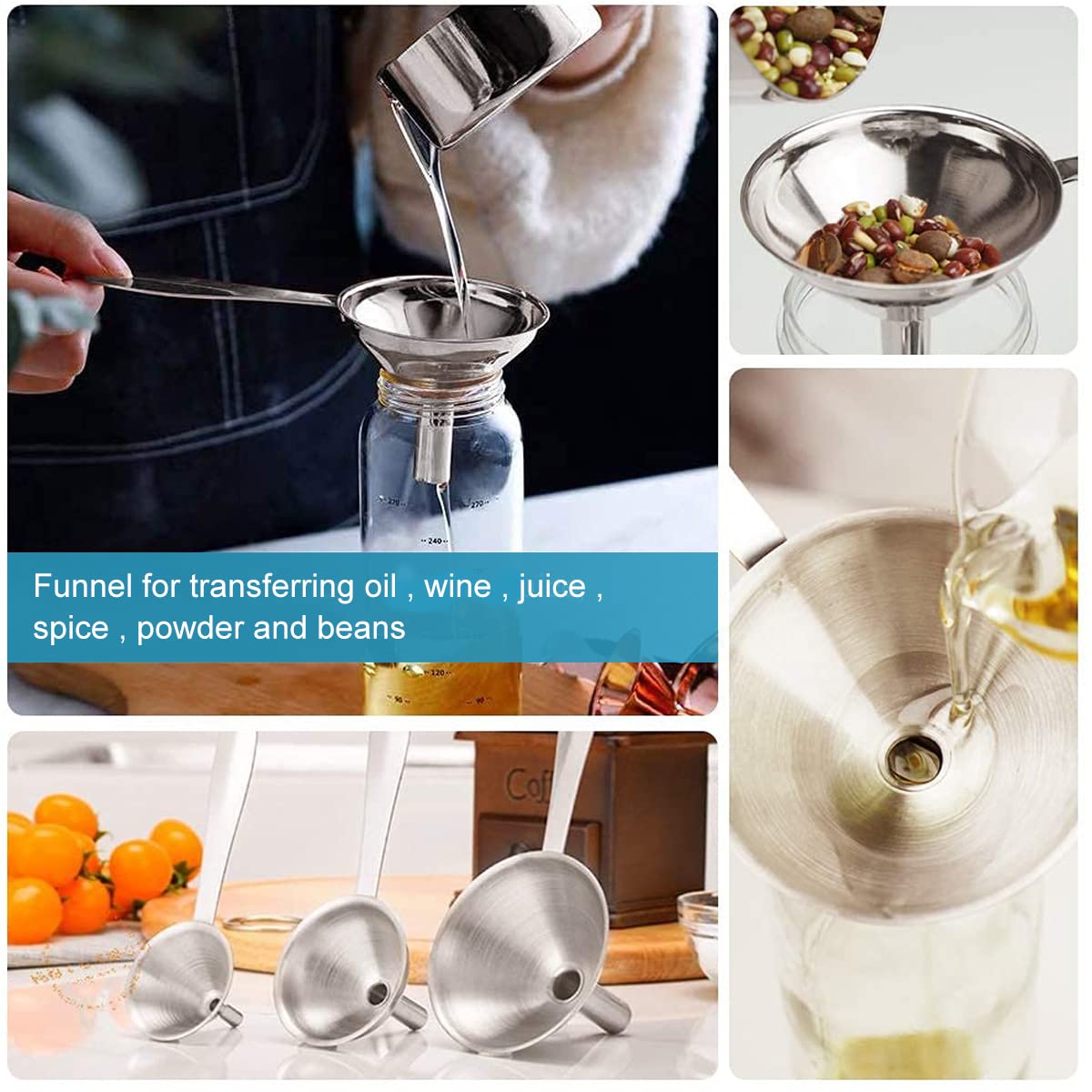 Supvox Stainless Steel Kitchen Funnel Set for Liquids and Spices with Long Handle | 3 Sizes 0.5in 0.8in 1.2in and 2 Cleaning Brushes