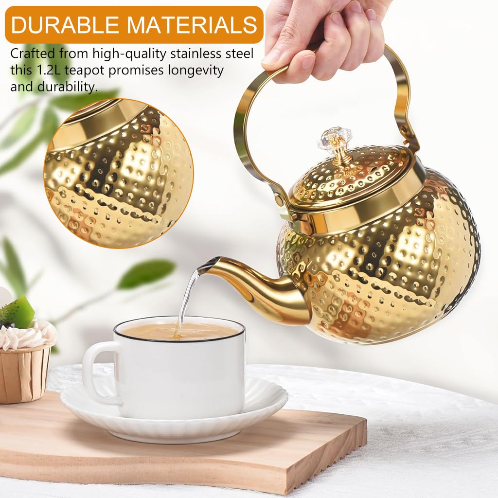 Supvox® 1.2L Teapot Golden Stainless Steel Teapot with Removable Tea Infuser Luxury Golden Teapot with Lid & Handle Delicate Teapot for Loose Tea, Tea Bags