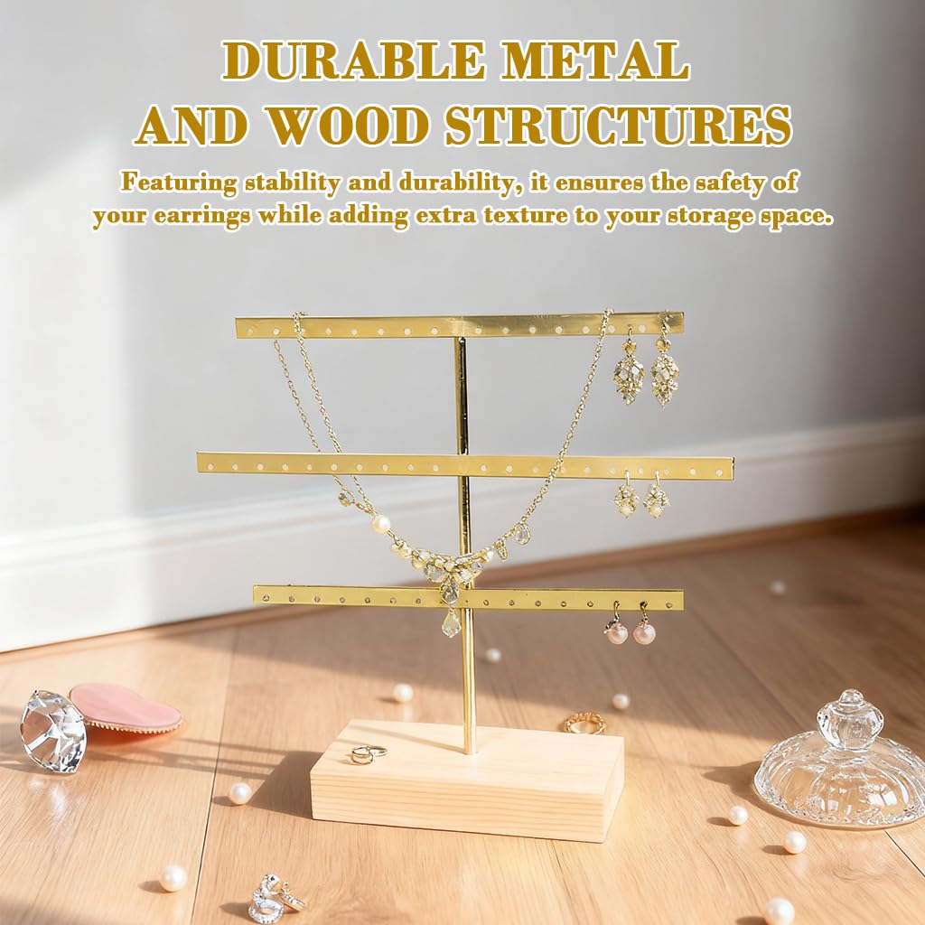 HASTHIP Earring Display Organizer for Desk and Dresser with 52 Holes and Wooden Base | Metal Jewelry Holder