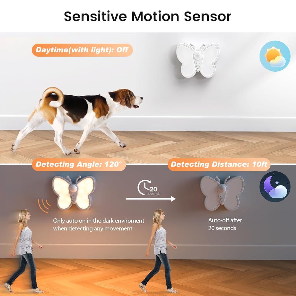 ELEPHANTBOAT Butterfly LED Night Light for Bedroom with Smart Motion Sensor & 1200mAh Battery | USB-C Rechargeable Dual Color Lighting