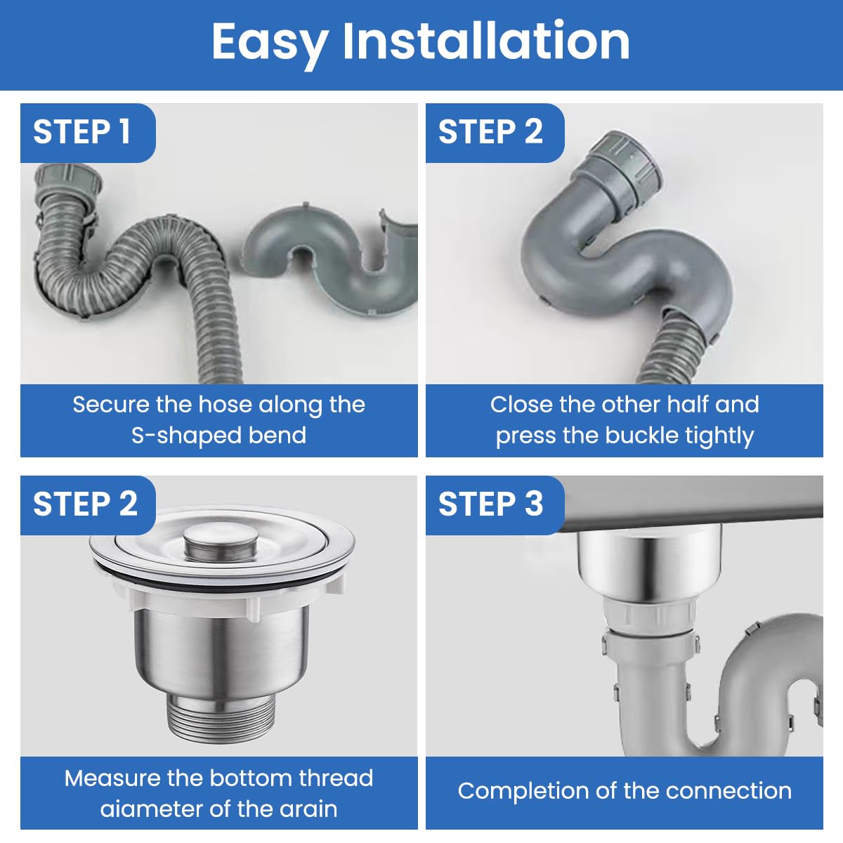 HASTHIP Kitchen Sink Drain Pipe Kit for Home Use with 3.35–4.33 in Flange and P Trap