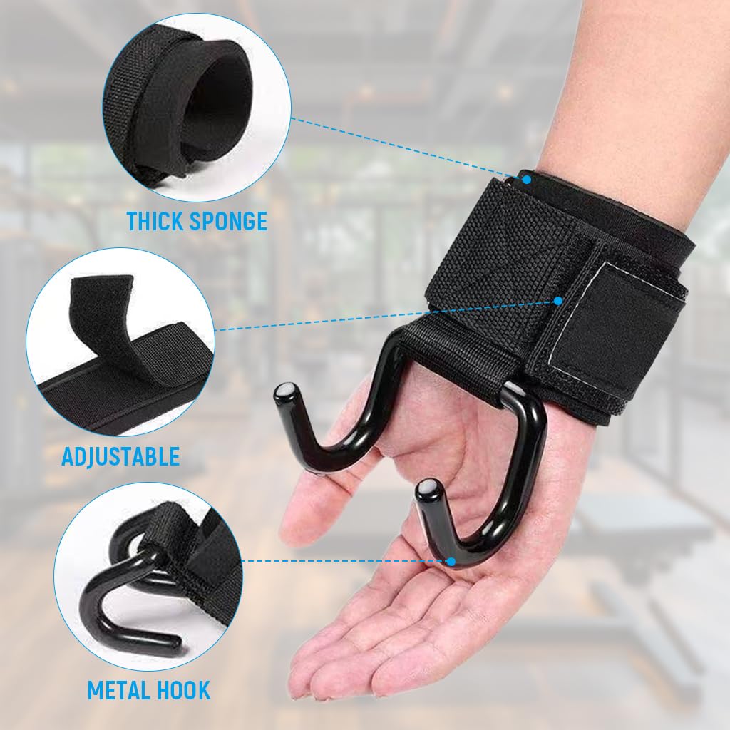 Proberos Weight Lifting Hooks for Deadlifts and Pull-Ups with Dual Metal Hooks | 4PCS Black