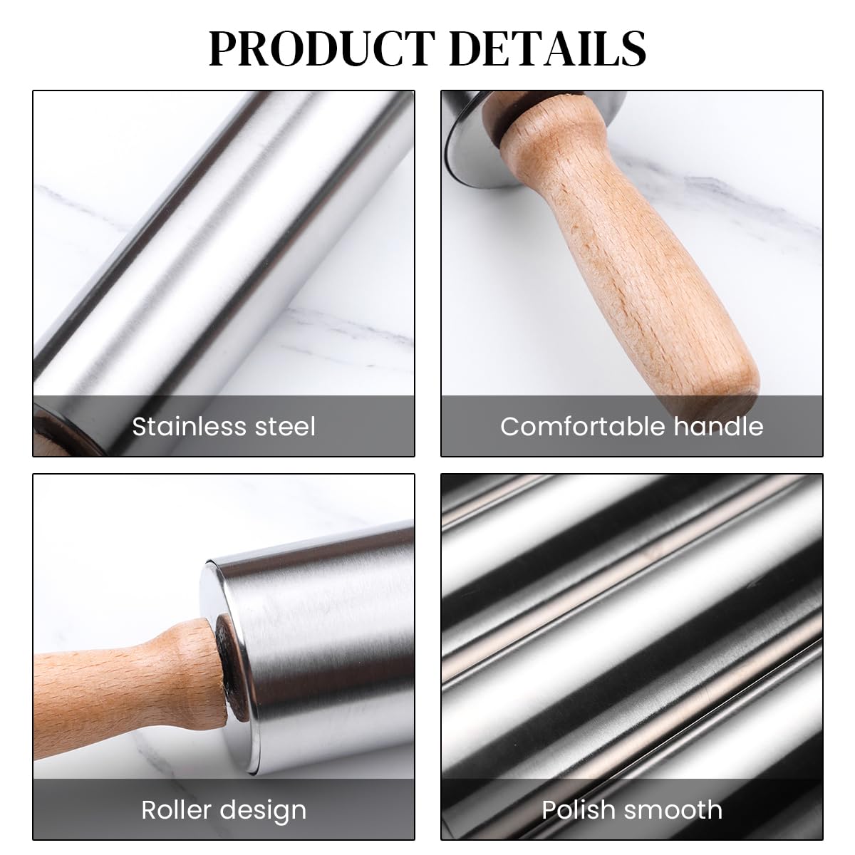 Supvox Stainless Steel Rolling Pin for Baking with Ergonomic Wooden Handles 38cm Long | Non Stick Pastry Tool