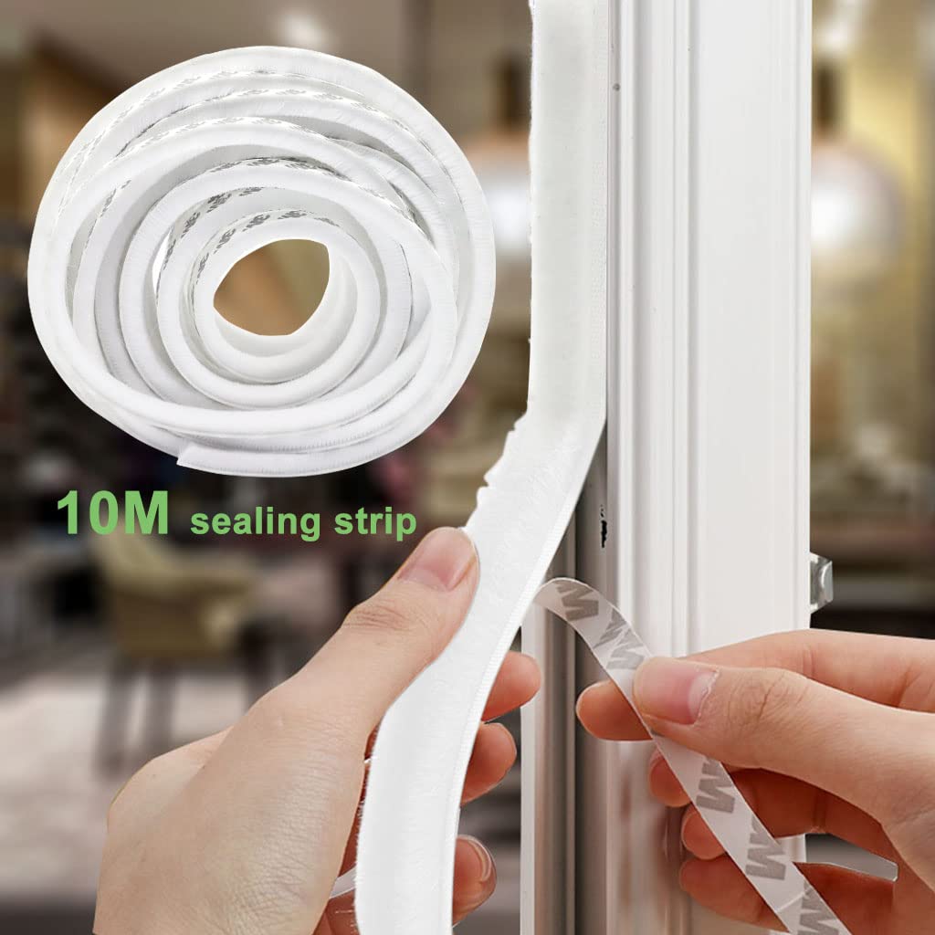 HASTHIP 10 Meters Soundproof Window Sealing Strips, Windproof Dustproof Door Window Frame Seal Self Adhesive Brush Strip, Sliding Window Seal, Window Door Seal, Sliding Door Seal Strip (White)