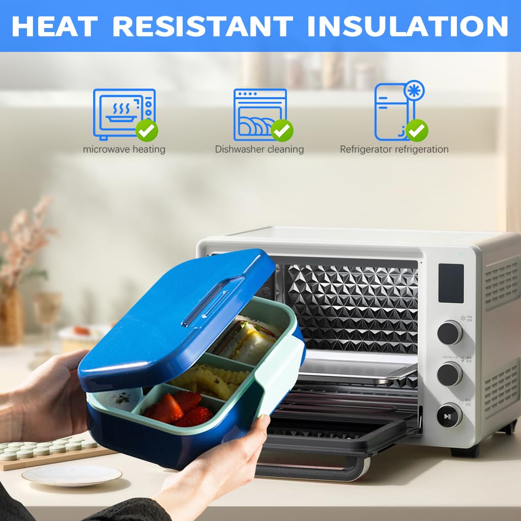 Supvox Kids Bento Box with 5 Compartments and 65ml Salad Cup featuring Leak Proof Seal | Blue Microwave Safe Lunch Box