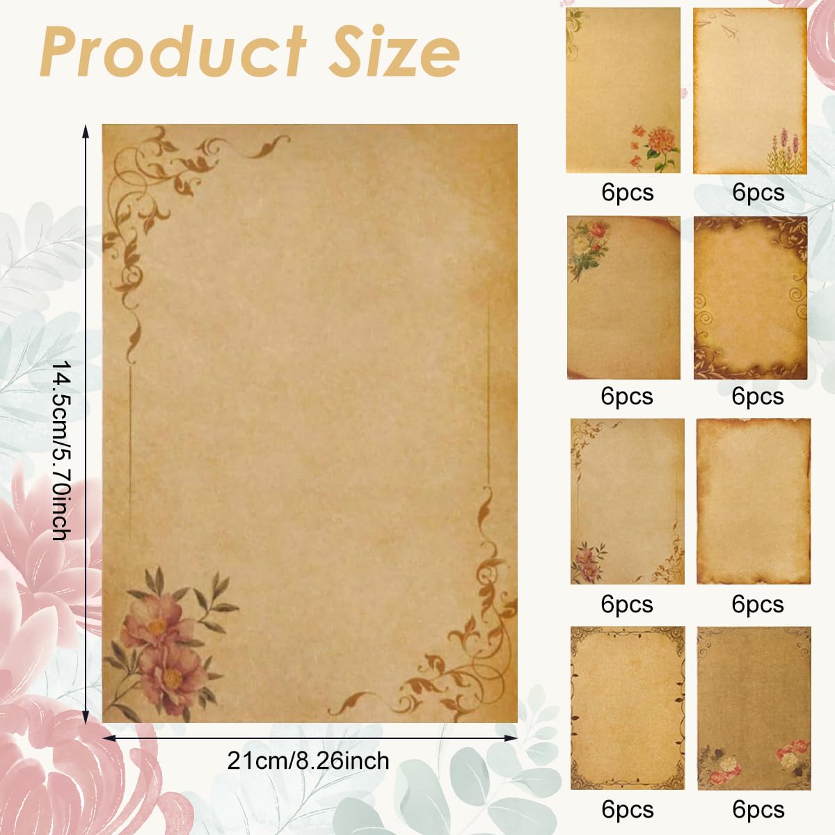 OFIFO Vintage Letter Writing Paper Sheets for Invitations and Journaling 48 Pcs 8.26x5.7in | 8 Floral Retro Designs