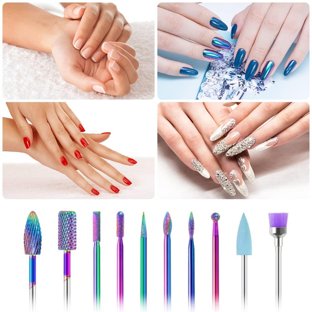 ZIBUYU Nail Drill Bits Set for Acrylic and Gel Nails with Storage Rack | 10Pcs Tungsten Carbide