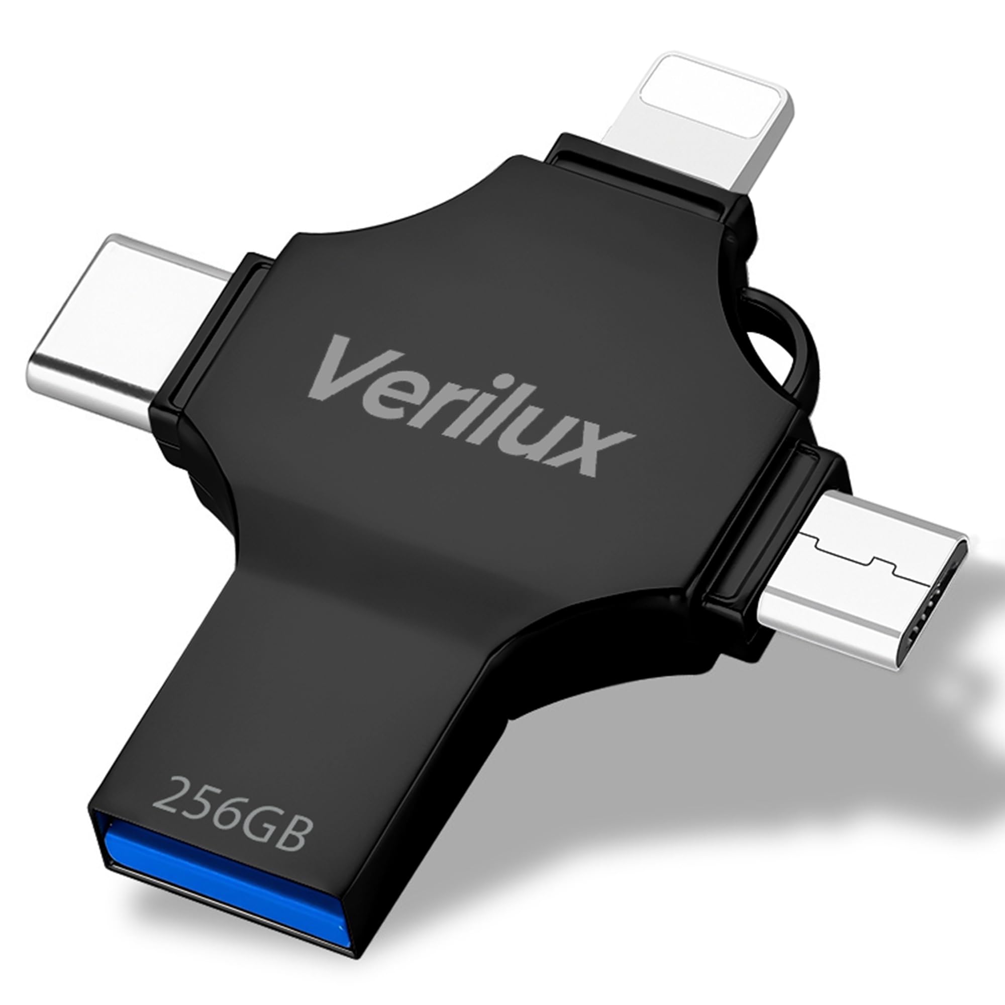 Verilux Pendrive 256GB for iPhone and Android featuring 4 in 1 USB A Type C ports | Black
