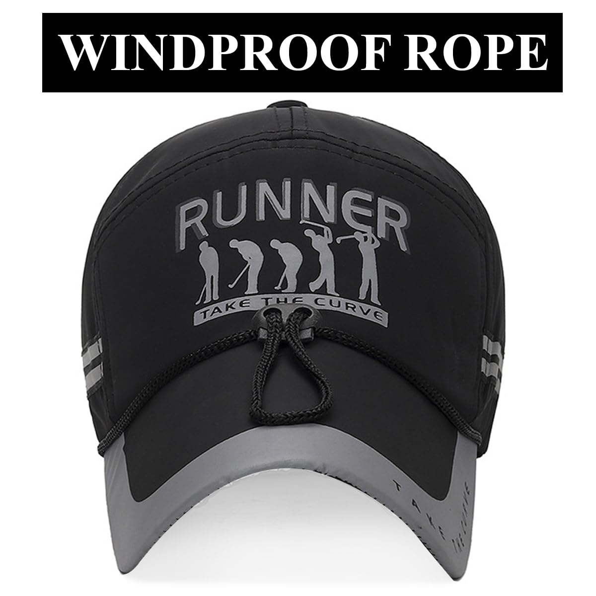GUSTAVE Sport Baseball Cap for Running and Outdoor Use with 10.5 cm Visor and Chin Cord | Black Unisex UPF50+ Adjustable Hat