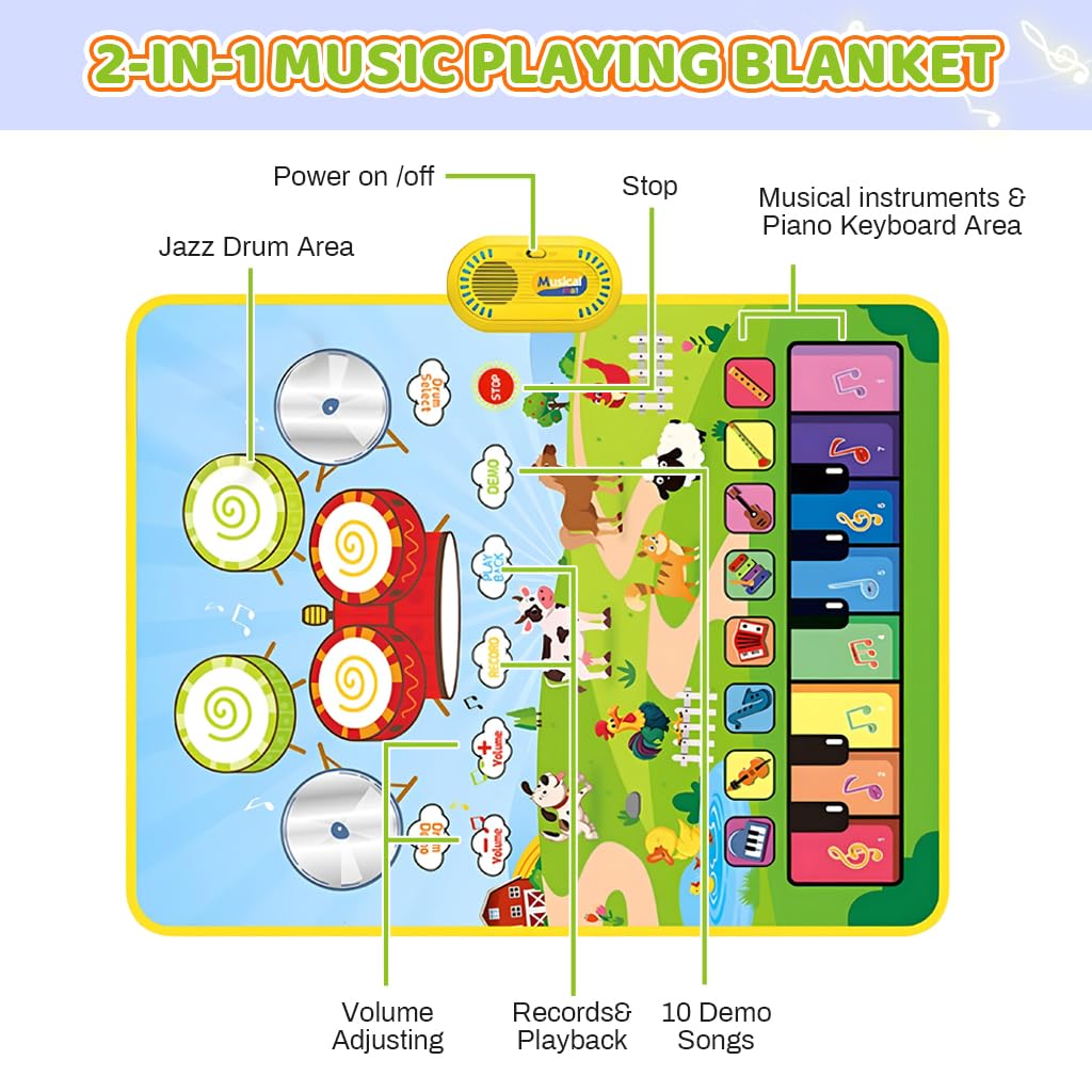 PATPAT 2 in 1 Drum & Piano Keyboard Musical Mat with Touch Sensitive Design 90×70CM for Toddlers | Ecofriendly Foldable Baby Music Toy