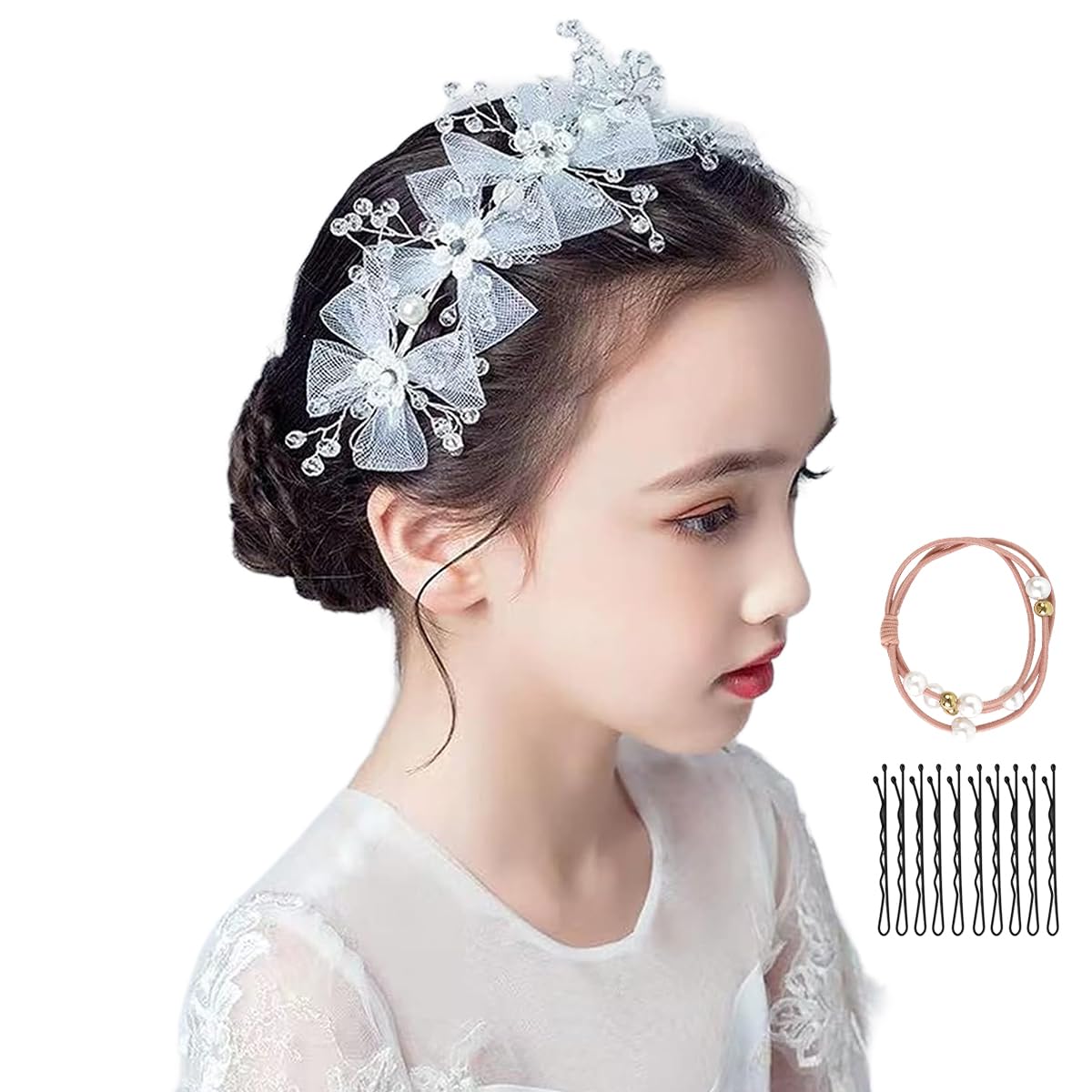 SANNIDHI Flower Tiara for Girls featuring White Lace Bow and Mesh Design | Elegant Hairband