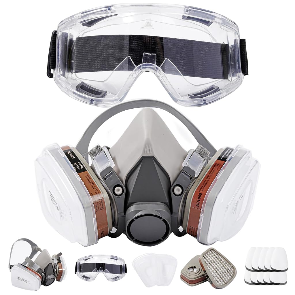 HASTHIP Gas Mask Respirator Set for Painting and Chemical Work with Dual Filtration System and 10 Replacement Filter Pads | Includes Safety Goggles for Full Face Protection