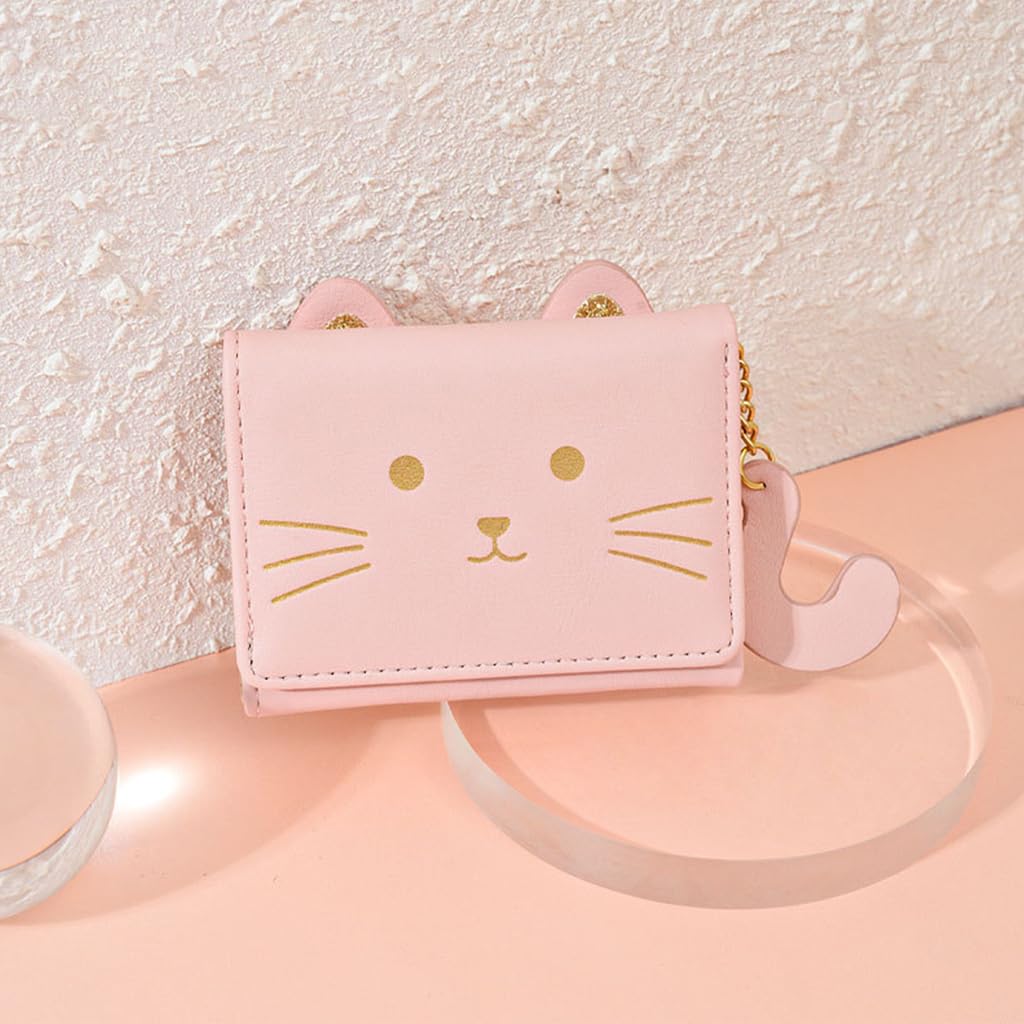 PALAY® Fashion Girls Cute 3D Cat Face Glitter Ears Wallet with Tail Tri-folded Wallet ID Card Case with Zipper Pocket