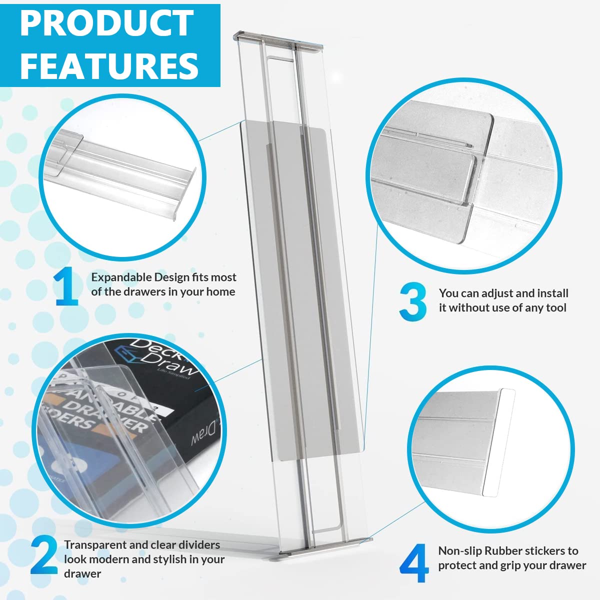 HASTHIP Drawer Dividers Organizers for Kitchen and Office with 6 Pack 11–20 in Expandable Clear Plastic Design