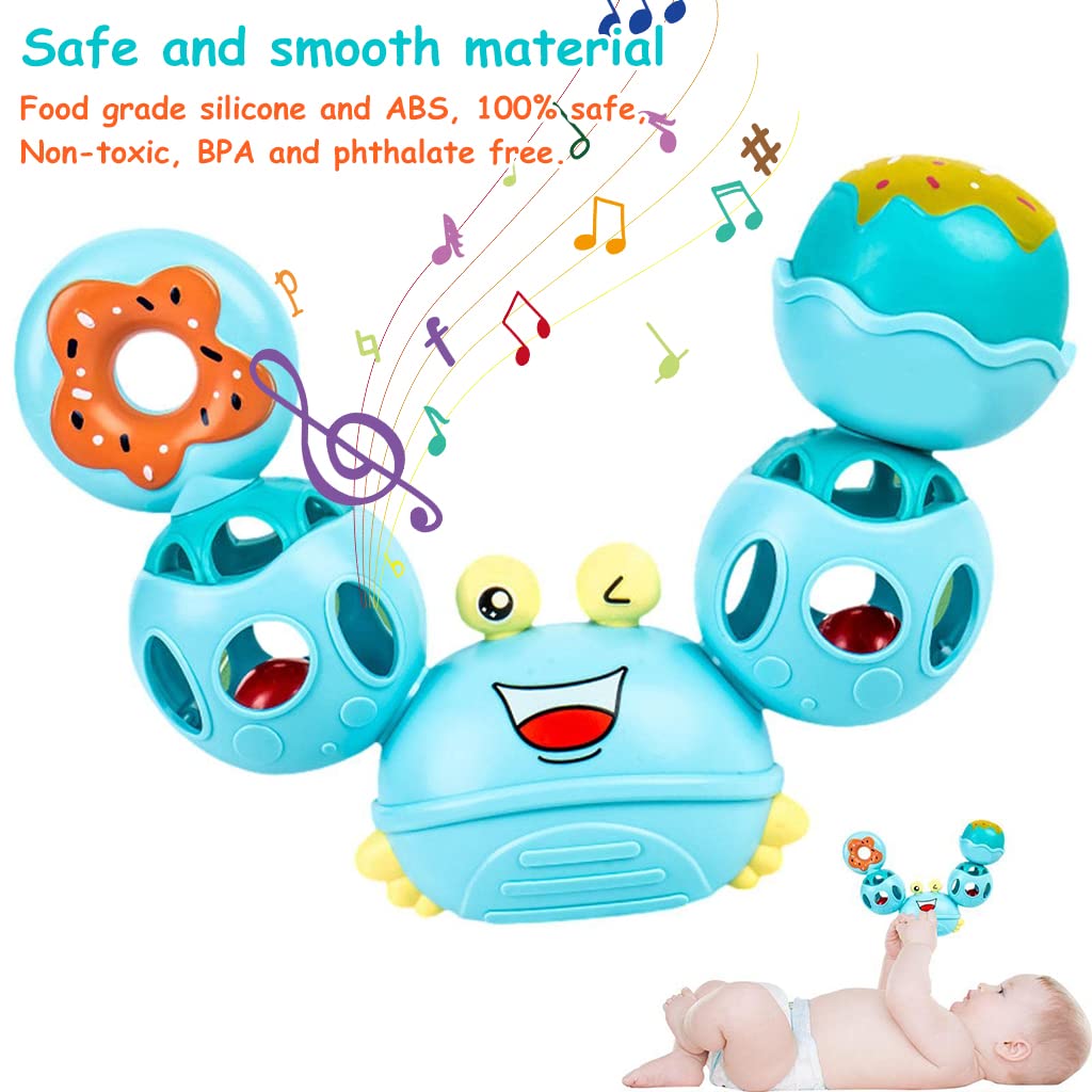 PATPAT® Rattles for Baby 0-6 Months Cartoon Crab Sensory Teething Toys for Babies 360 ° Rotation Rattle Toy BPA-Free Soothing Toy Toddler Activity Toys New Born Baby Toys Gifts for Boys Girls- Blue