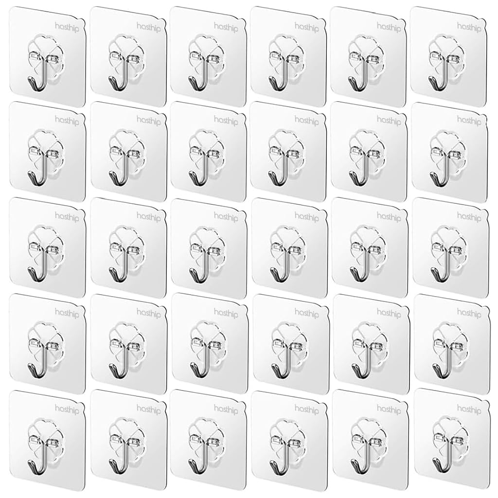 HASTHIP® 30 Pack Wall Hooks Strong Acrylic Backing Glue Wall Hooks Self-Adhesive Wall Hooks for Bathroom, Kitchen Waterproof Ultra Adhesive Wall Hooks (Clear)