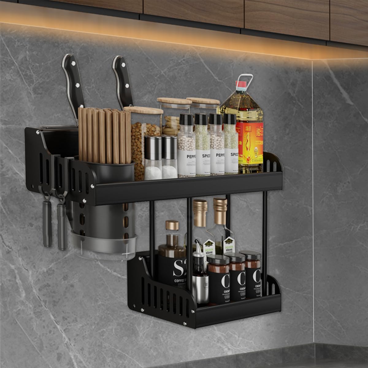 Supvox® Multifunctional Wall Mount Kitchen Organizer Rack - Kitchen Spices Organizer and Storage Seasoning Organizer for Cabinet, Aluminum Spice & Utensil Holder with Cutter Slot, 39X13.5 CM