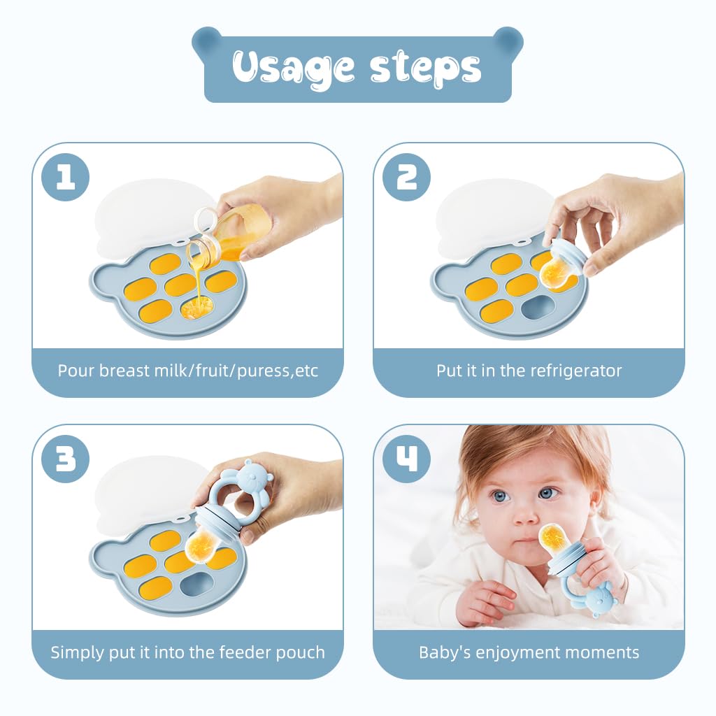 SNOWIE SOFT® Silicone Pacifier & Ice Cream Mould Fruit Puree Ice Cube Mold Set Baby Silicone Pacifier Teether Feeder Baby Food Feeder Silicone Ice Cube Tray Pacifier Feeder for Puree