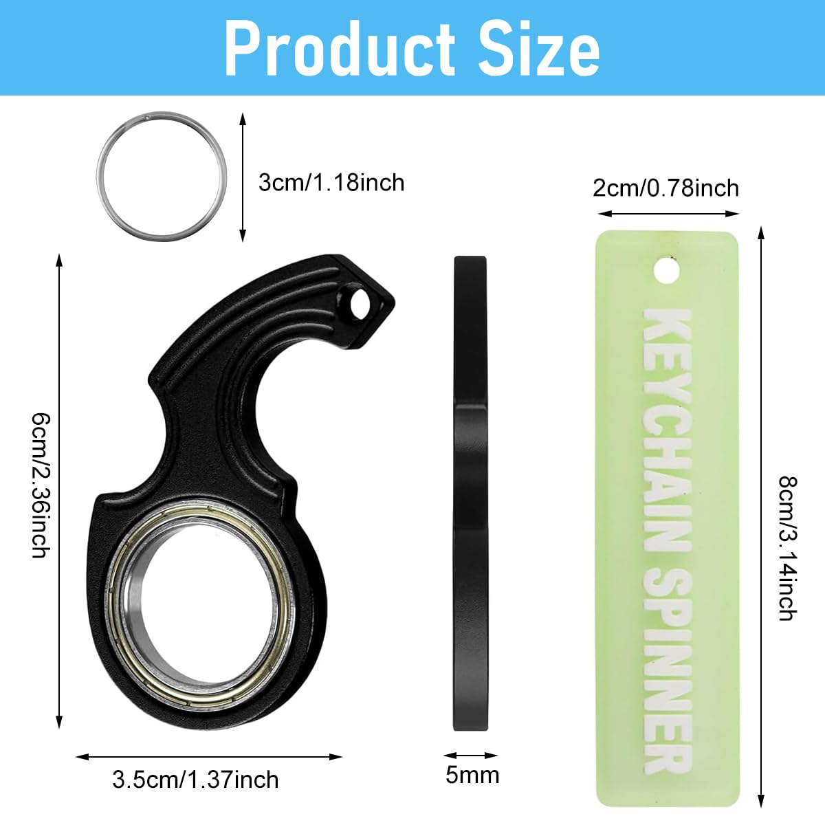 Zibuyu Key Chain for Anxiety Relief with Glow in the Dark Whirling Metal Charm | Gift for Men and Women