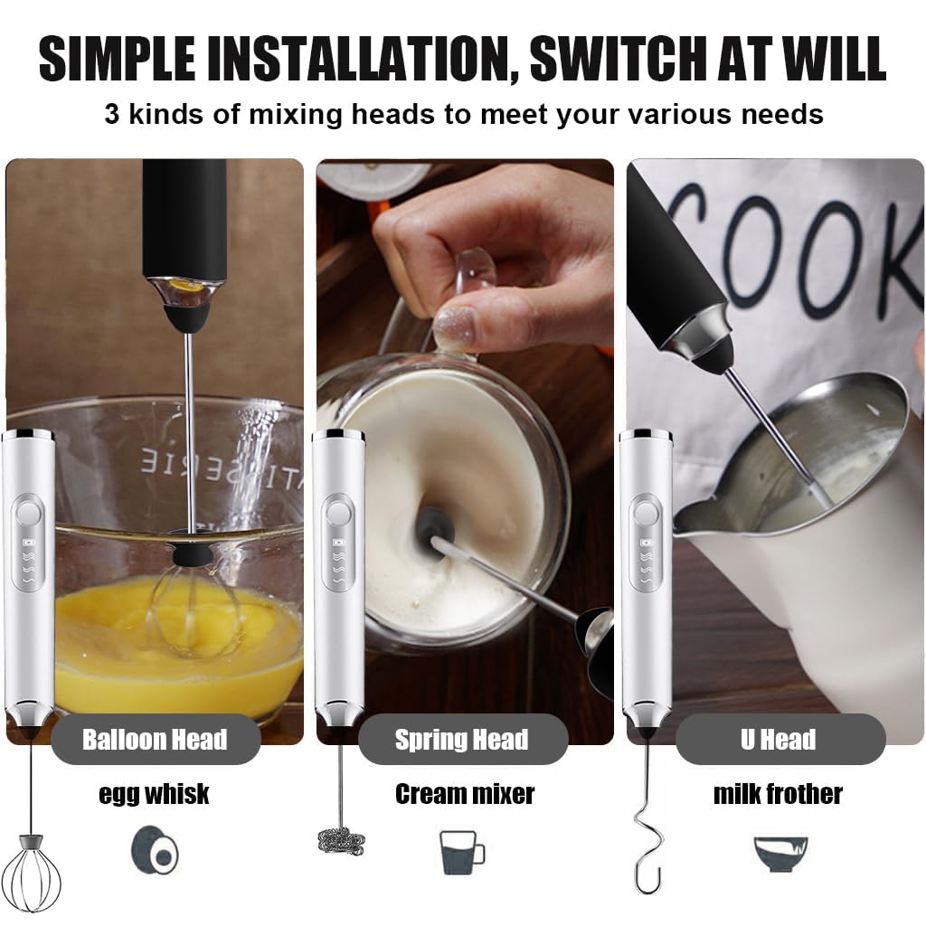 Supvox Hand Blender for Coffee 3 in 1 Frother Coffee Maker with 3 Speed Milk Frother for Coffee Frother Electric USB Rechargeable Coffee Beater with 3 Stainless Whisks Head for Latte Chocolate White