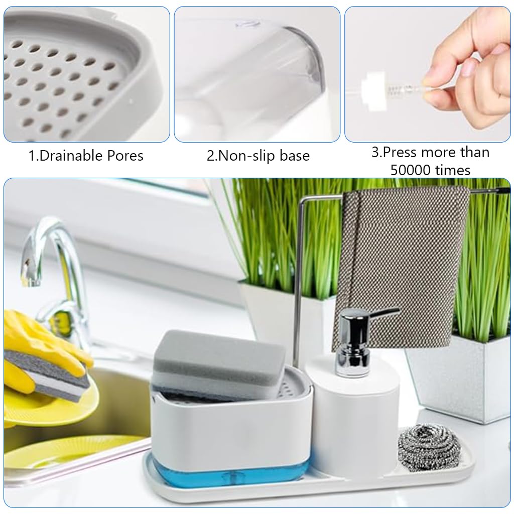 HASTHIP 4 in 1 Soap Dispenser for Kitchen Sink with Organizer and Sponge | Compact White Design