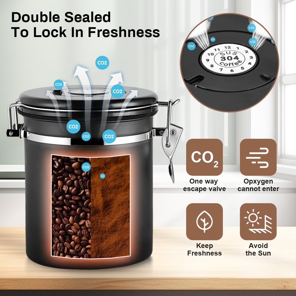 Supvox® Coffee Bean Canister 42Oz/1.2L Airtight 304 Stainless Steel Kitchen Food Container Food Storage Can with Date Tracker & Stainless Steel Scoop Canister Food Can for Coffee, Sugar, Tea, Flour