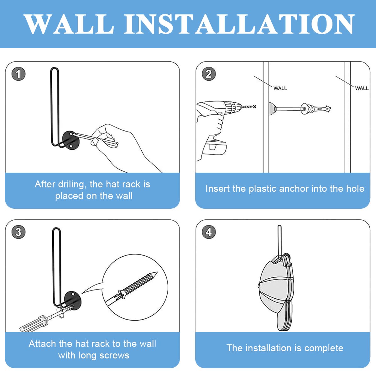 HASTHIP Wall Hat Organizer for Closet and Door featuring Screw-Mounted L Shape Metal Design | Holds 10 Caps, Black