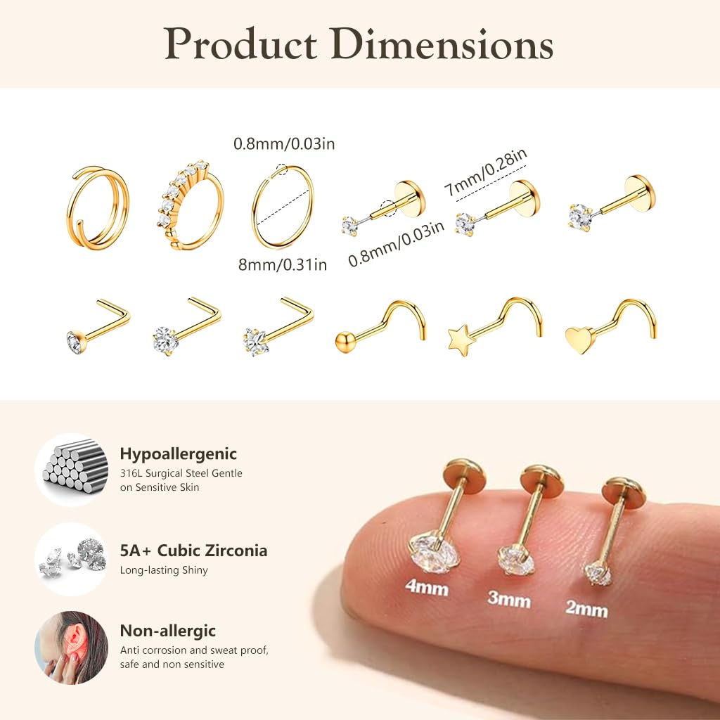 SANNIDHI Nose Rings for Women featuring Screw and L Shaped Design 12 Piece Set | Stainless Steel Hypoallergenic Jewelry