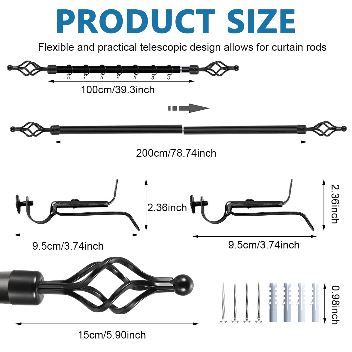 HASTHIP Curtain Rod for Windows and Doors featuring Adjustable 40 to 79 in Length | Metal 28mm Design