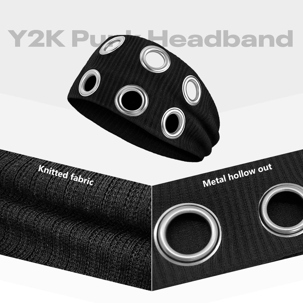 SANNIDHI Hairband for Women with Metal Eyelets and Stretchy Ribbed Fabric | Black Wide Punk Headpiece