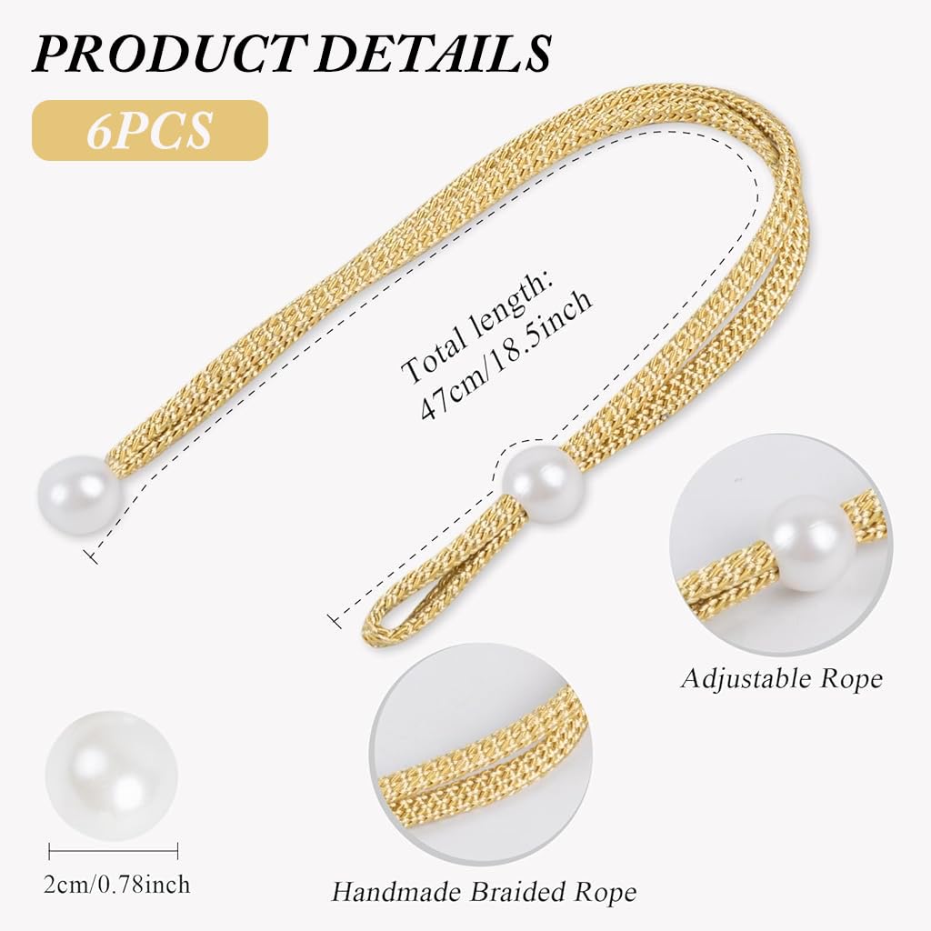 ZIBUYU Curtain Tiebacks for Drapes featuring White Sliding Beads | 6 Pcs 16.9 in Golden Set