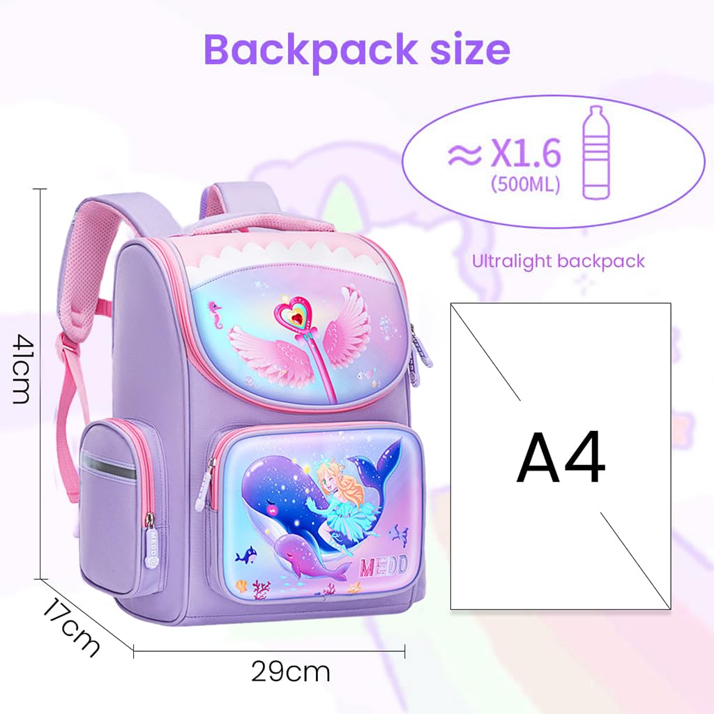 PALAY® School Backpack for Girls, Mermaid Cartoon School Backpack Large Capacity Girls Backpack for School, Travel, Camping, Burden-relief School Backpack for Kids 6-12 Years Old